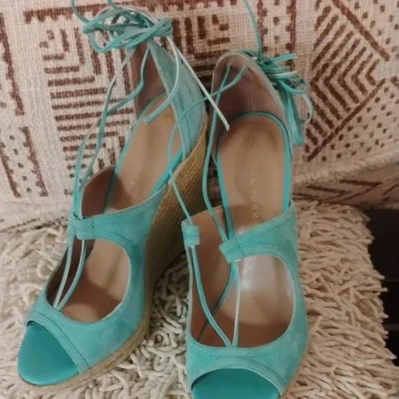 Trina Turk Turquoise Suede Leather Lace up Ankle Wrap Wedge Sandals - Picture 2 of 12